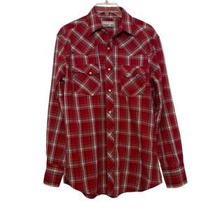 Wrangler Rancher Mens Button Down Plaid Long Sleeve Shirt Size M Pearl Snaps